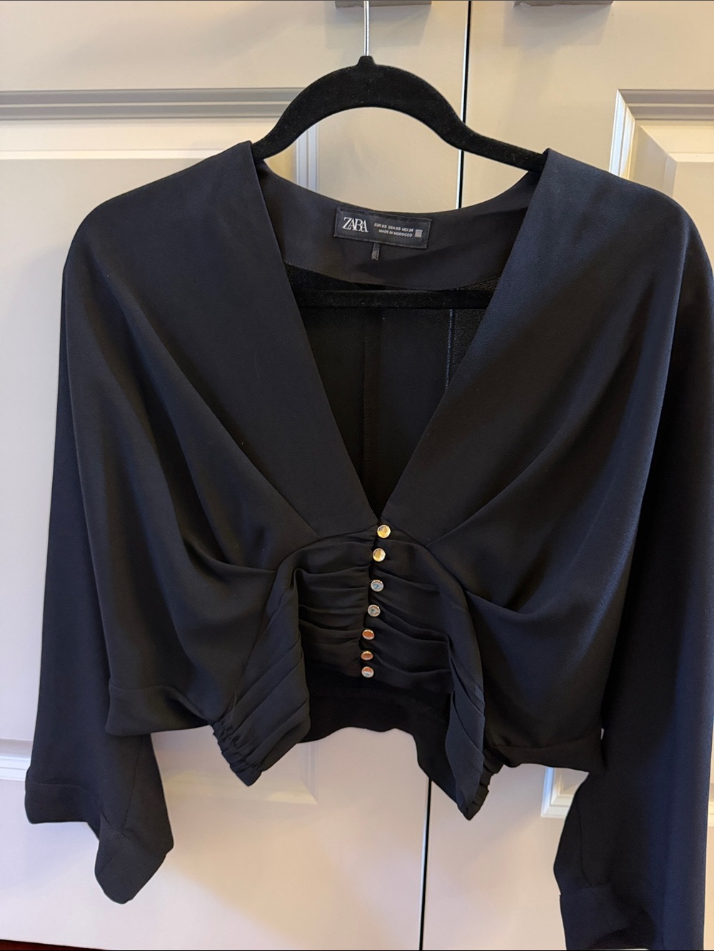 Zara Black V-Neck Ruched Front Button Detail Blouse